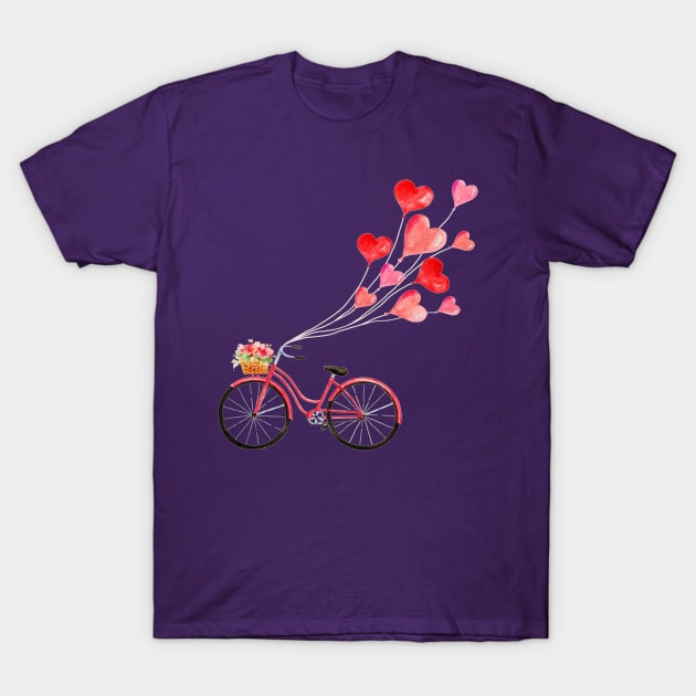 Romantic pink bicycle with heart shaped balloons T-Shirt by pickledpossums